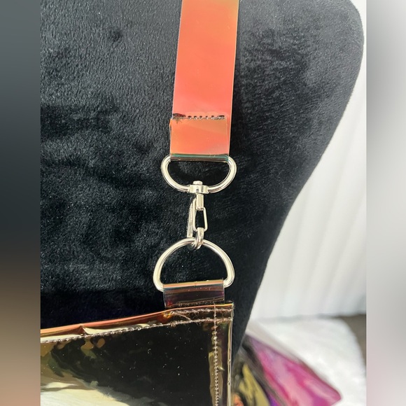 CLUB EXX Techno Gurl Hologram Vinyl Pinafore Overall Dress Metallic Blue Copper - Picture 6 of 12